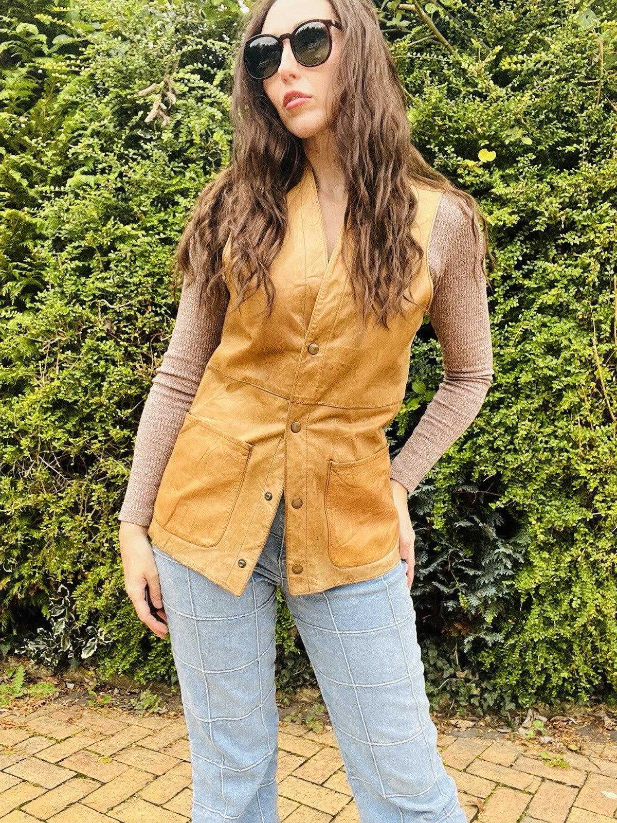 Vintage 1970s Leather Waistcoat, Tan Gilet With Pockets, Unisex Size S 8-10