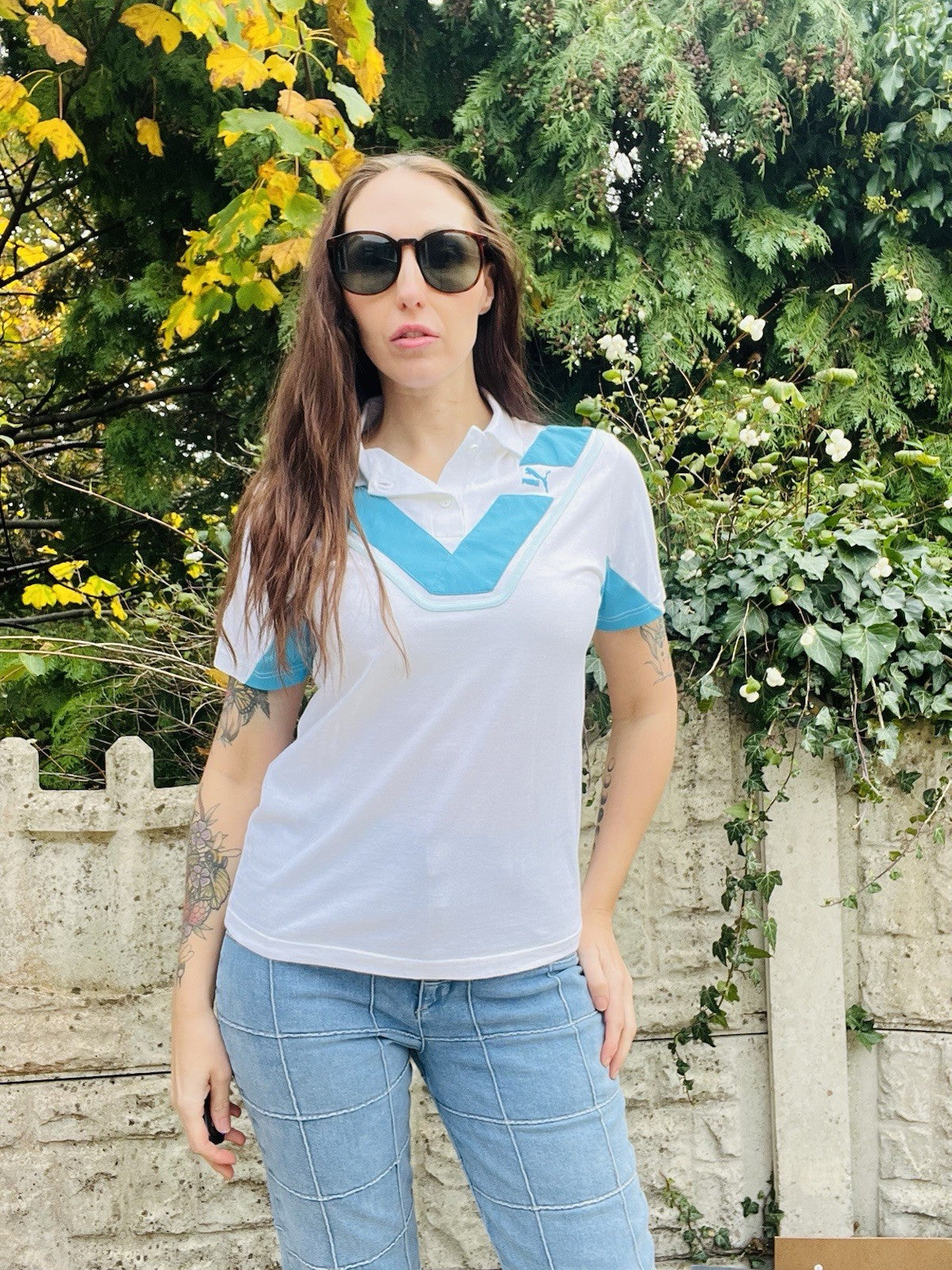 Vintage 90s Puma Tshirt Size 10-12 Retro White And Blue Sports Polo Shirt
