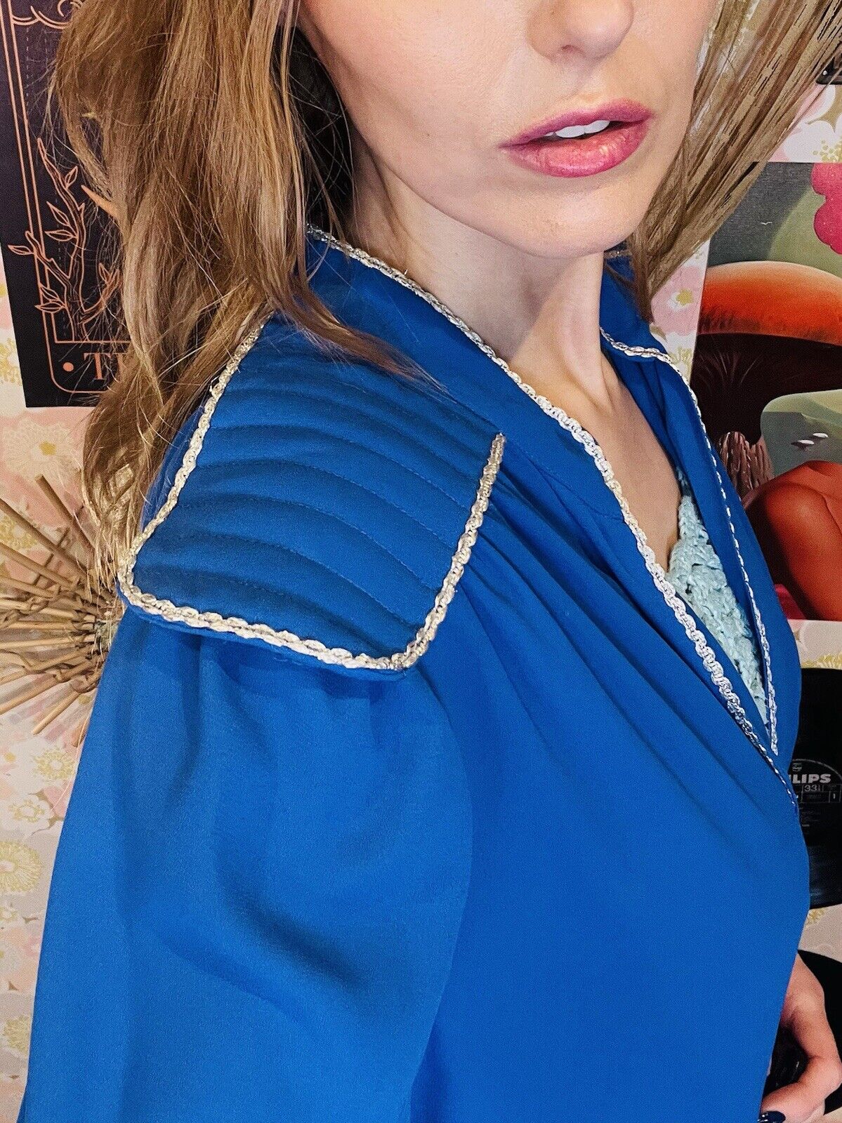 Vintage 1980s Waterfall Jacket Long Oversized Cardigan Blue Silver Trim Size L