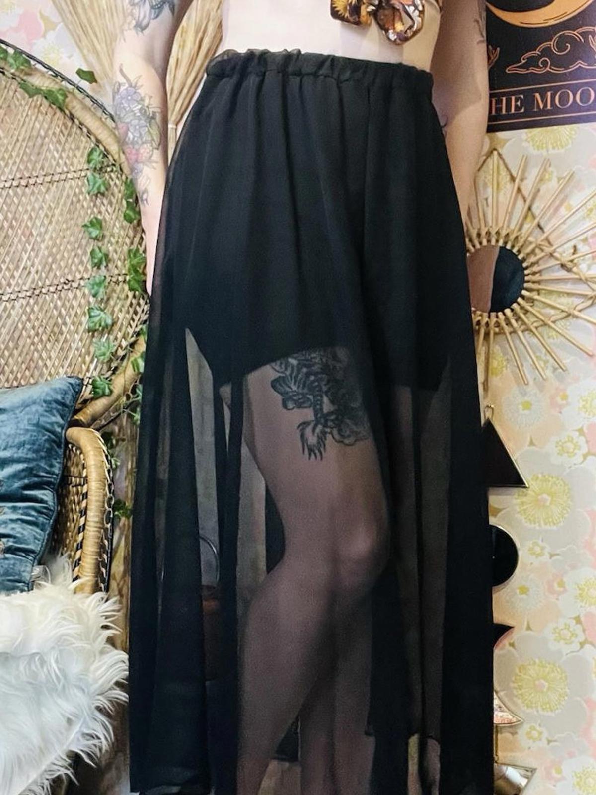 Vintage 1990s Sheer Skirt With Shorts And Slit Elasticated Waist Skort Black S