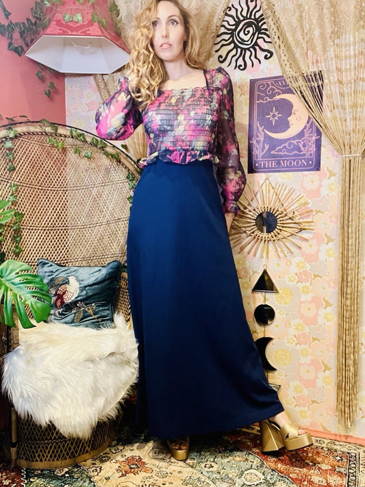 Vintage 1980s Maxi Dress Sheer Peplum Long Sleeve Square Neckline Blue Size 12
