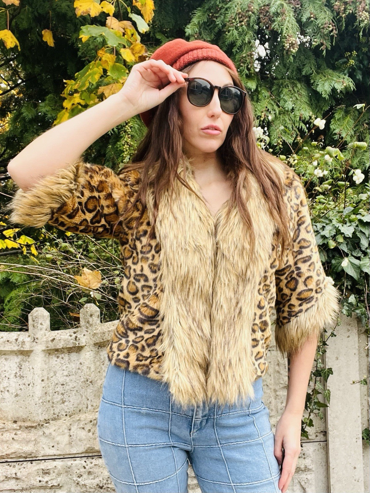 Y2K Faux Fur Coat Vintage Leopard Print Jacket 3/4 Sleeves Size 10-12 Aeromiss