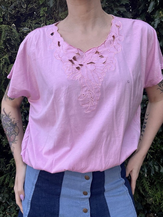 Vintage 1980s Batwing T-shirt By Golden Gate Pink Retro Tee Short Sleeve Top  18