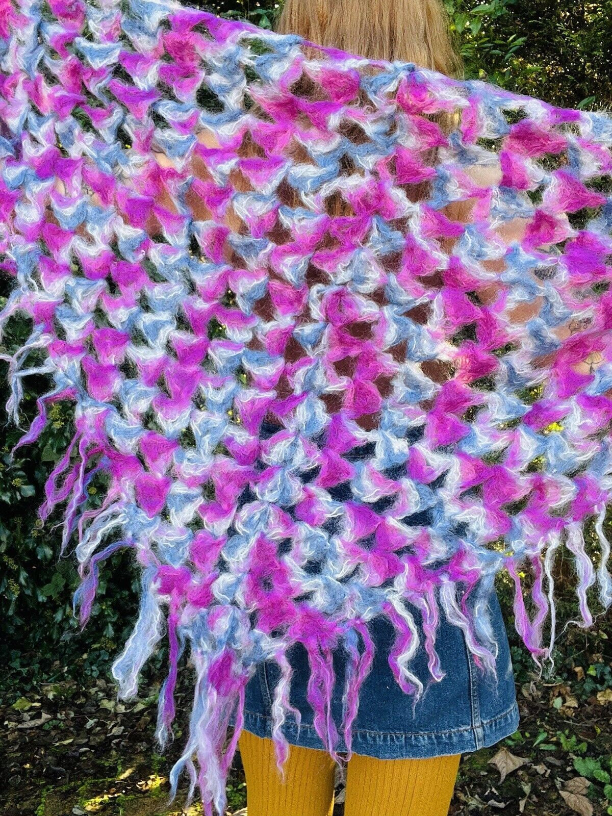 Vintage Boho Crochet Shawl Hippie Triangle Knit Wrap Cape Cottage Whimsy Scarf