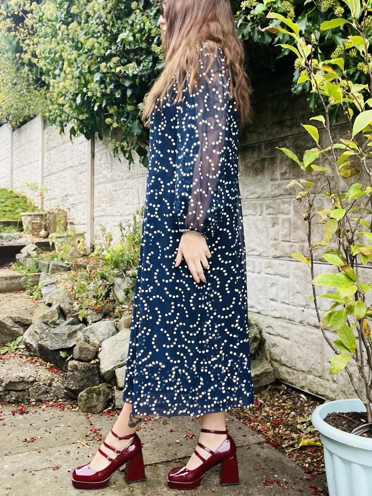 Vintage 1980s Polkadot Dress Blue Size 18 Retro 1980s Dress Sheer long Sleeves