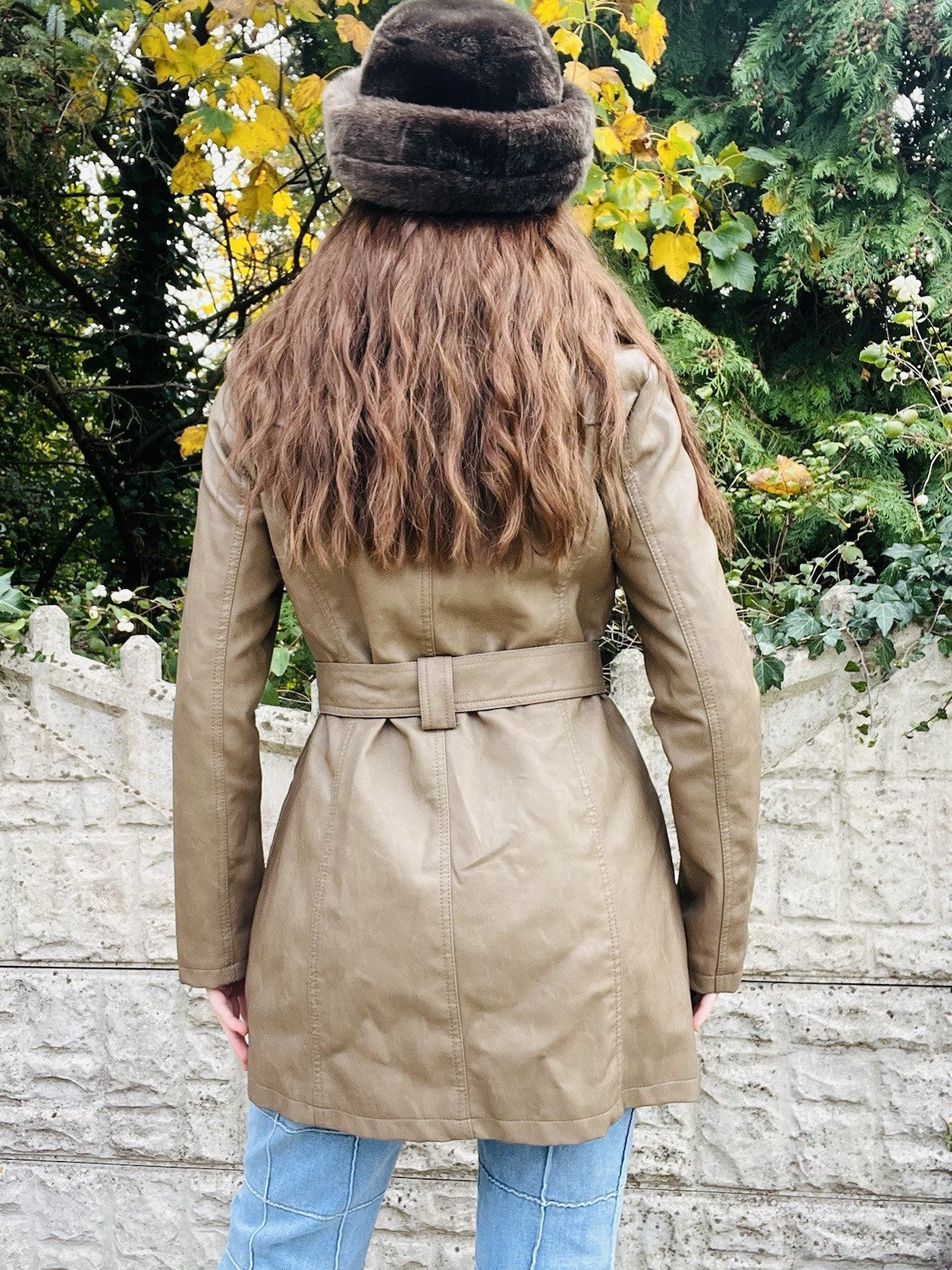 Faux Leather Winter Coat Size 10 Tan, With Fur Trim Collar And Belt, Warm Jacket