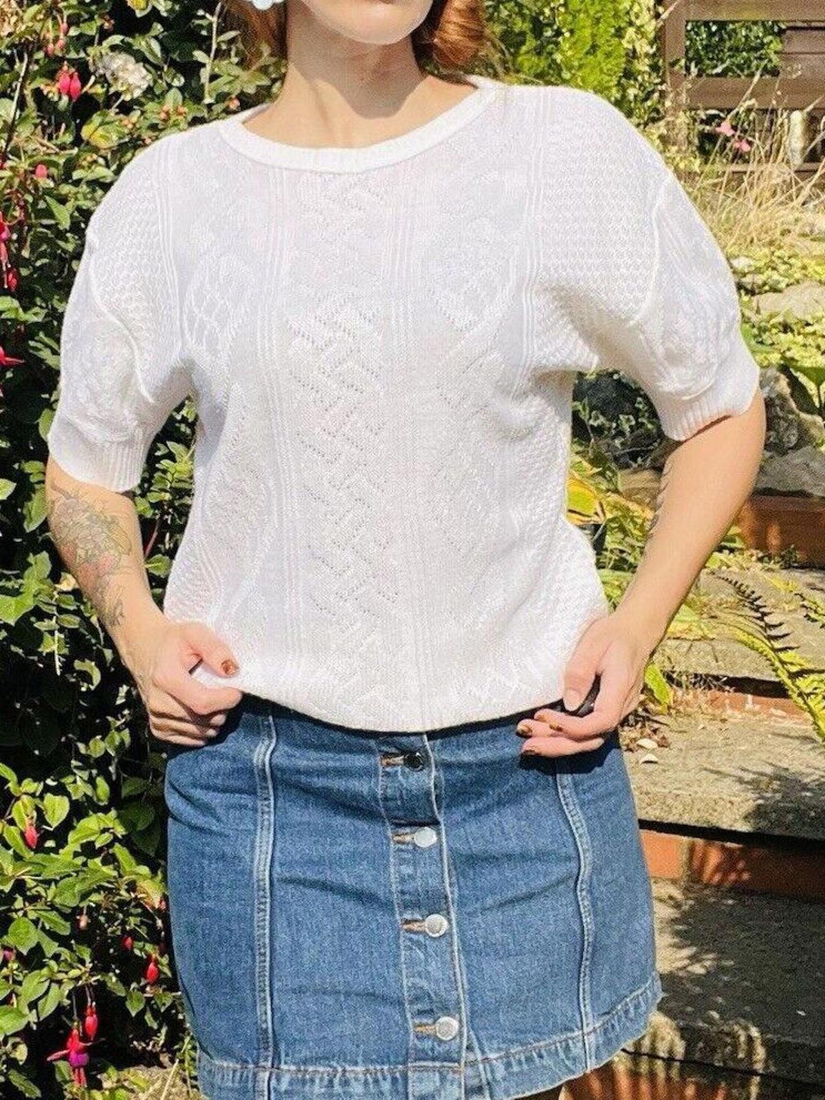 Vintage 80s Knitted Jumper By Canda Short Sleeve Lightweight Knit Sweater 12 14