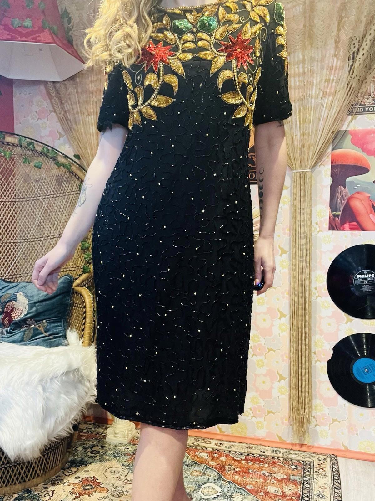 Vintage 1980s beaded Dress By Barkha Pure Silk Embellished Sequin Dress Black M