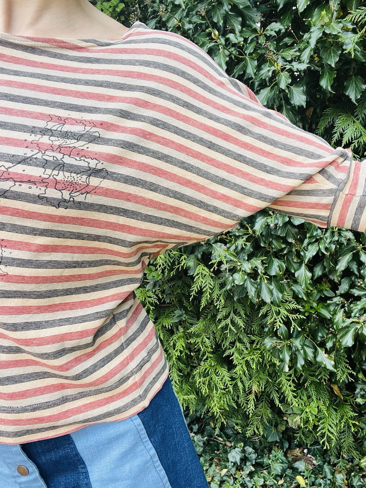Vintage 1990s Cotton T-shirt By Jane Wikstrom Swedish Batwing Striped Top Size M