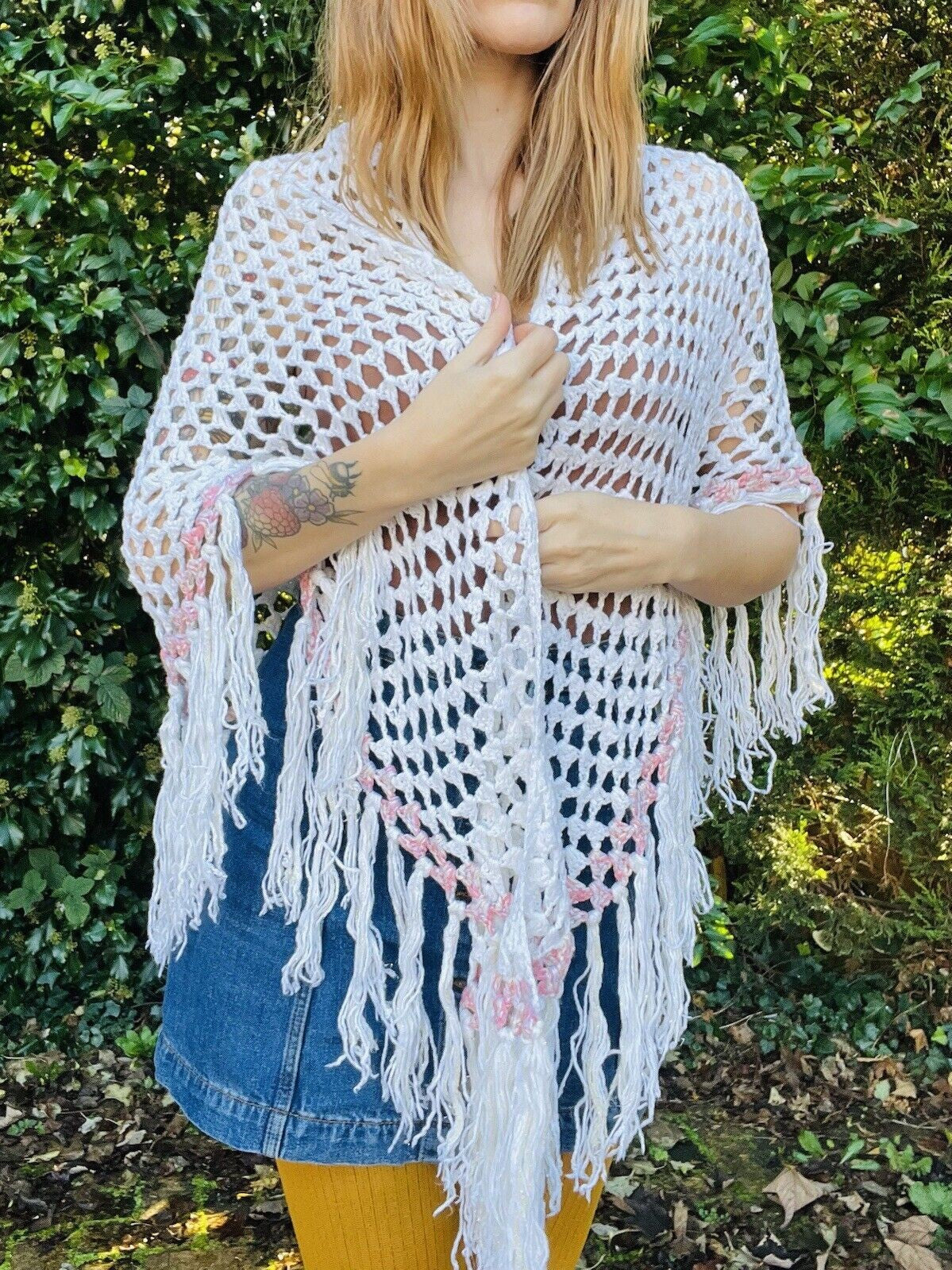 Vintage Knit Crochet Shawl Hippie Boho Triangle Wrap Cape Cottage Whimsy Scarf