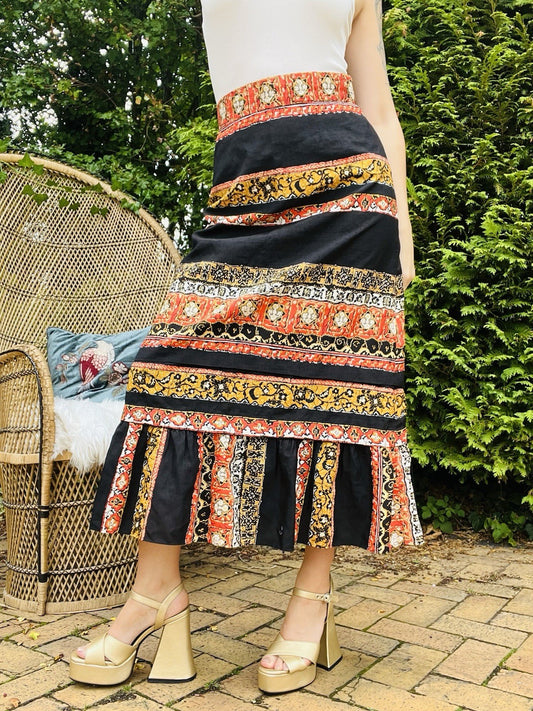 Vintage 1980s Long Skirt High Waist Retro Print Frilly Hem Ankle Length Skirt 12