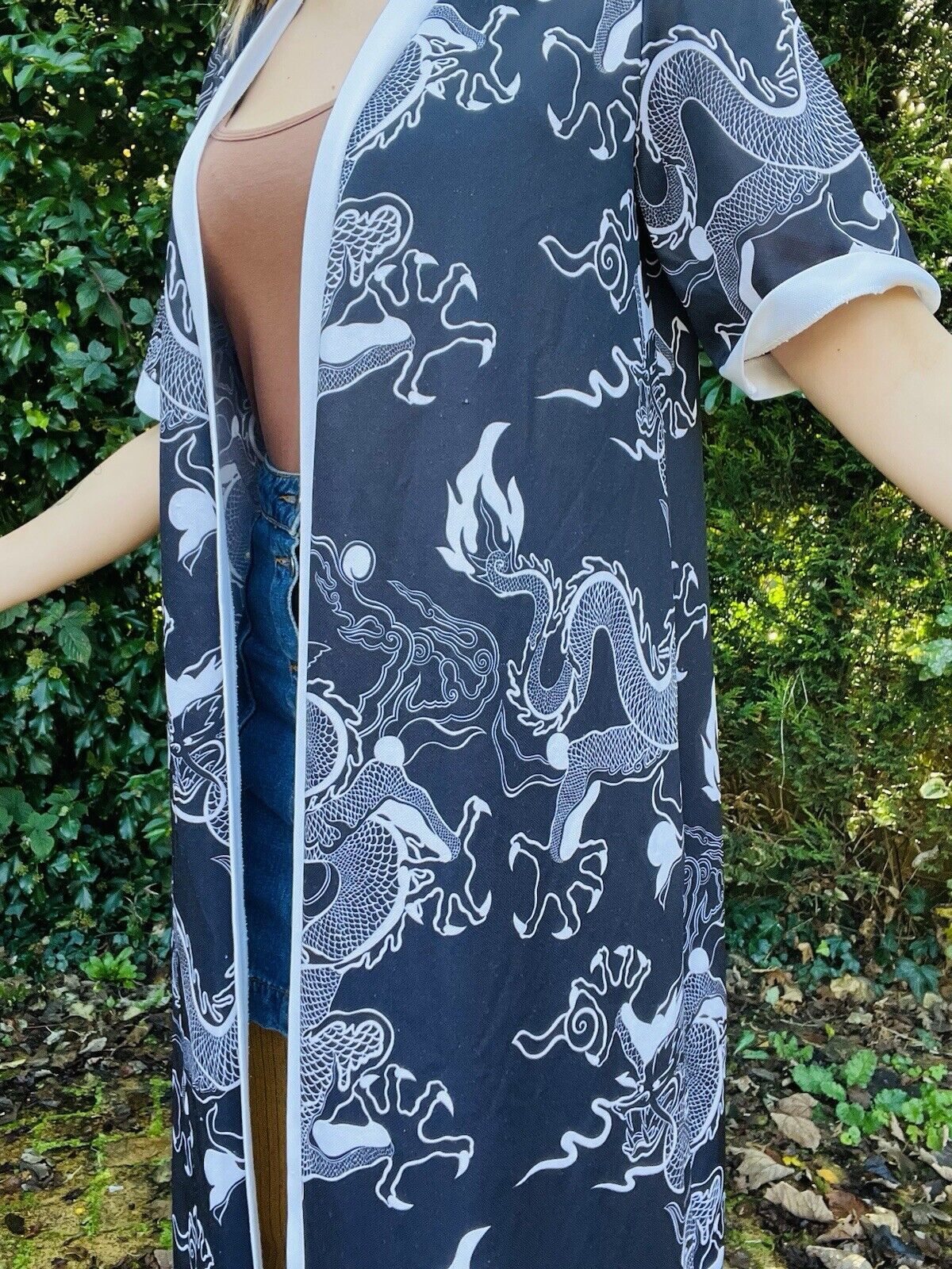 Vintage 70s Oriental Kimono Japanese Robe Dragon Flame Design Dressing Gown 12