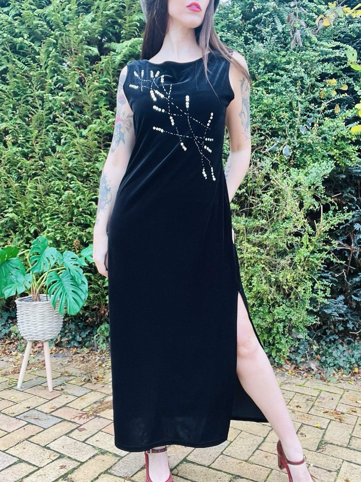 Vintage 90s Velvet Dress Black Size 14 Whimsigoth Sequin Long Cocktail Dress