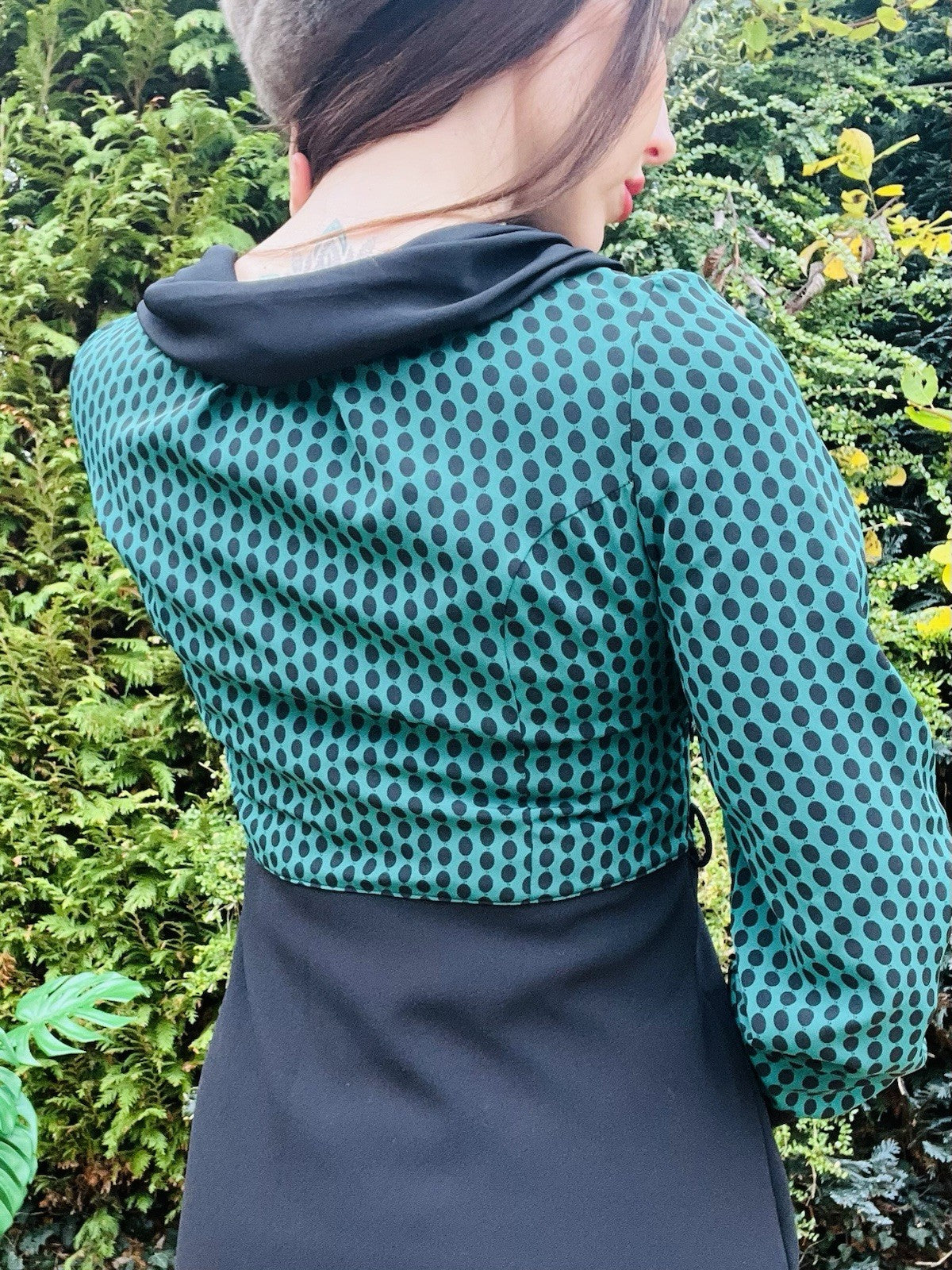 Vintage 70s Long Dress Size 8 High Neck Long Sleeves Retro Polkadot Black Green