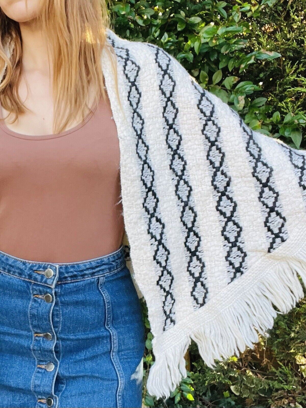 Vintage Knit Crochet Shawl Hippie Boho Triangle Wrap Cape Cottage Whimsy Scarf