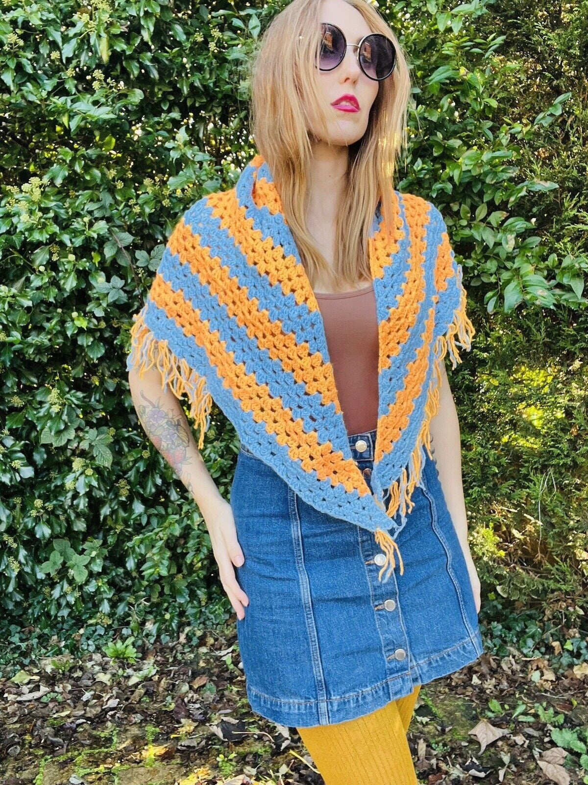 Vintage Boho Crochet Shawl Hippie Triangle Knit Wrap Cape Cottage Whimsy Scarf