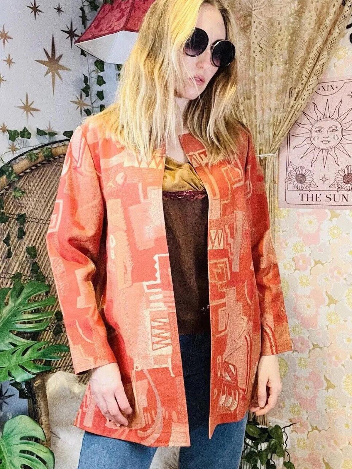 Vintage 1980 Jacket Abstract Bold Print Long Sleeve Round Neck Oversized Fit M
