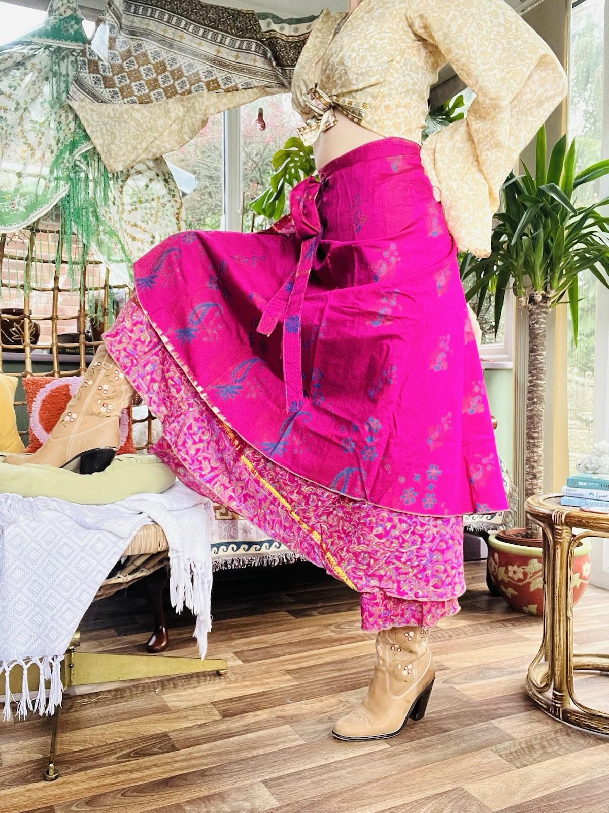 Layered Hippie Maxi Skirt Vintage Sari Silk Hippie Boho Long Gypsy Wrap Skirt