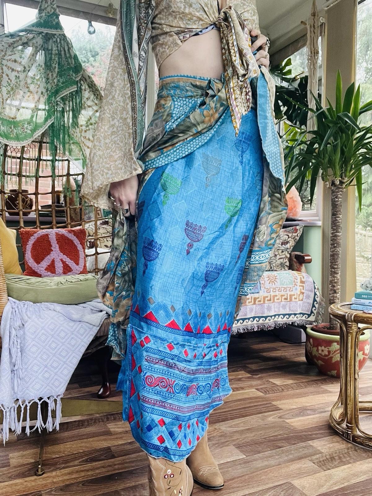 Layered Hippie Maxi Skirt Vintage Sari Silk Hippie Boho Long Gypsy Wrap Skirt