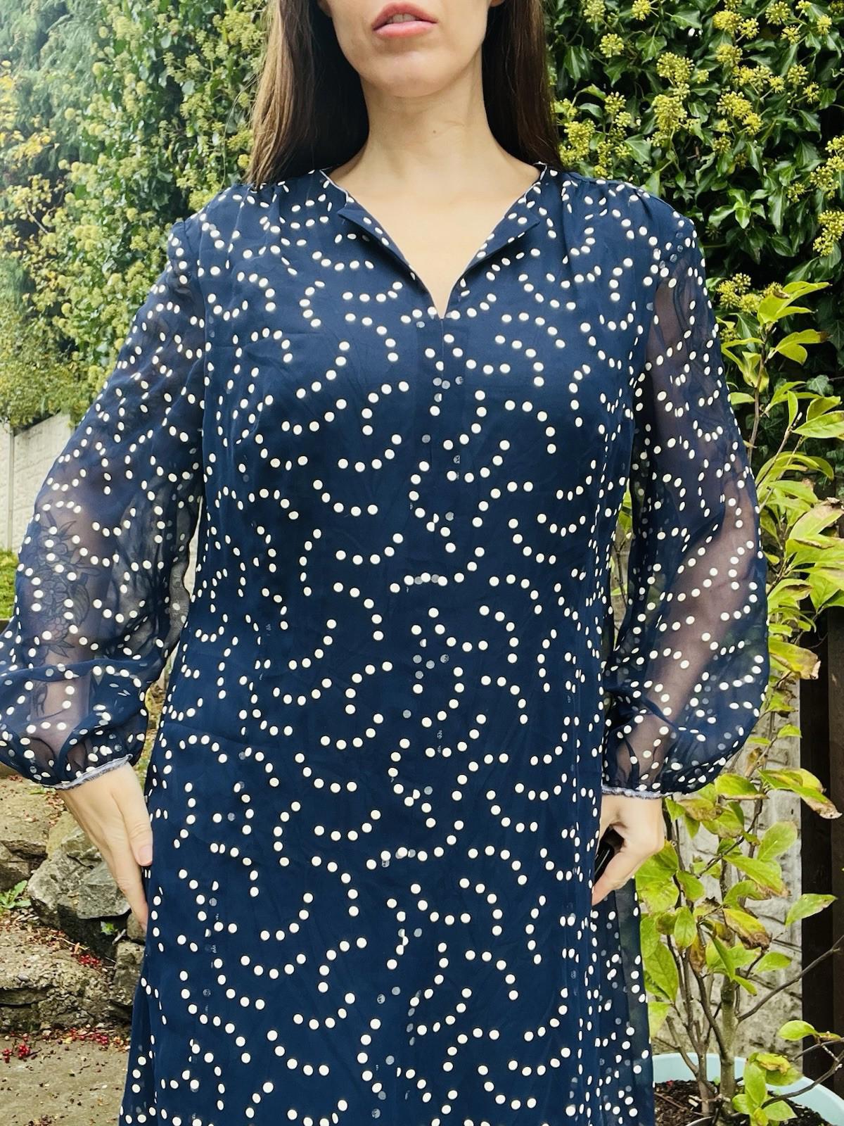 Vintage 1980s Polkadot Dress Blue Size 18 Retro 1980s Dress Sheer long Sleeves