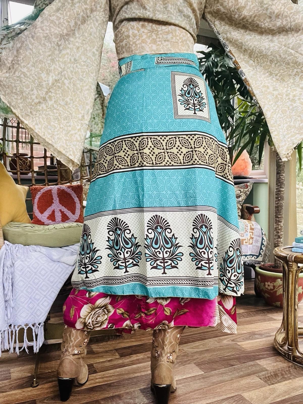 Layered Hippie Maxi Skirt Vintage Sari Silk Hippie Boho Long Gypsy Wrap Skirt