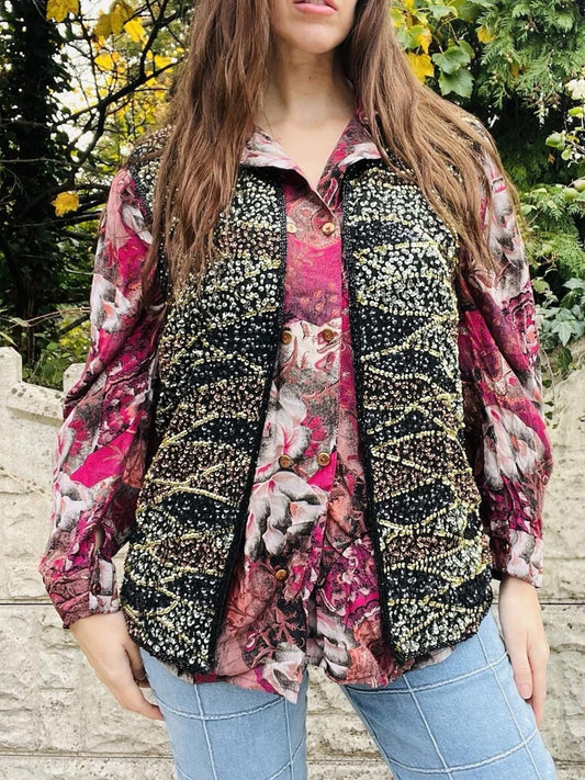 Vintage 80s Sequin Waistcoat Black Gold Size 10 100% Silk 1980s Sparkly Top
