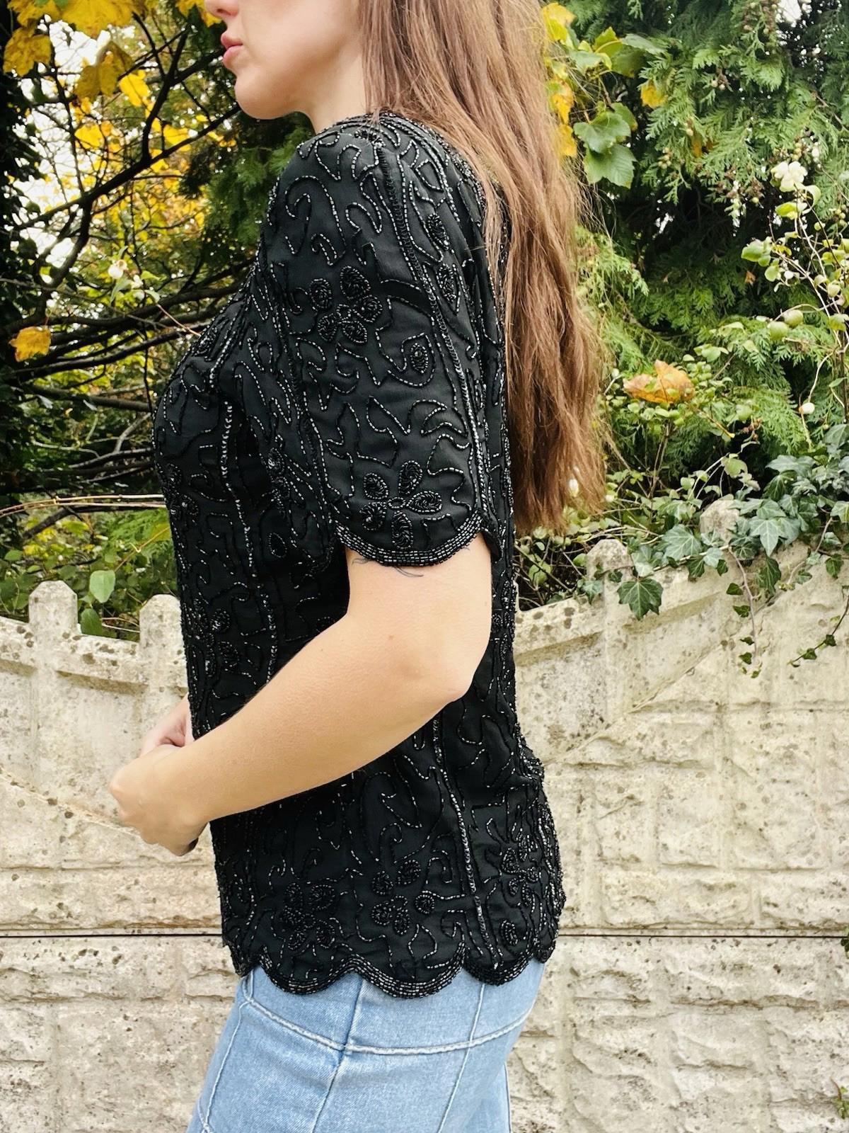 Vintage 1980s Beaded Top Size 14 Black Silk Embellished Sparkly Going Out Blouse