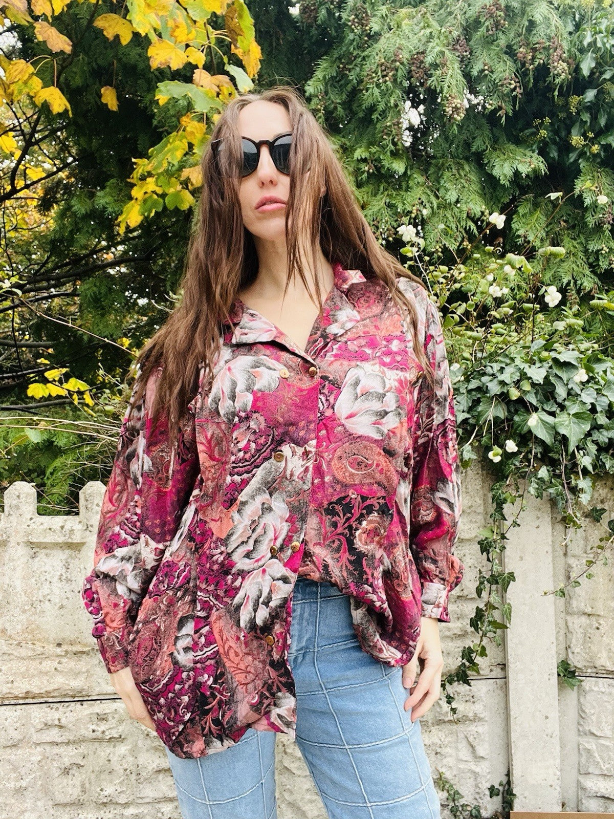 Vintage 80s Oversized Shirt Size 14 16 Red 1980s Retro Bagggy Blouse Floral Top