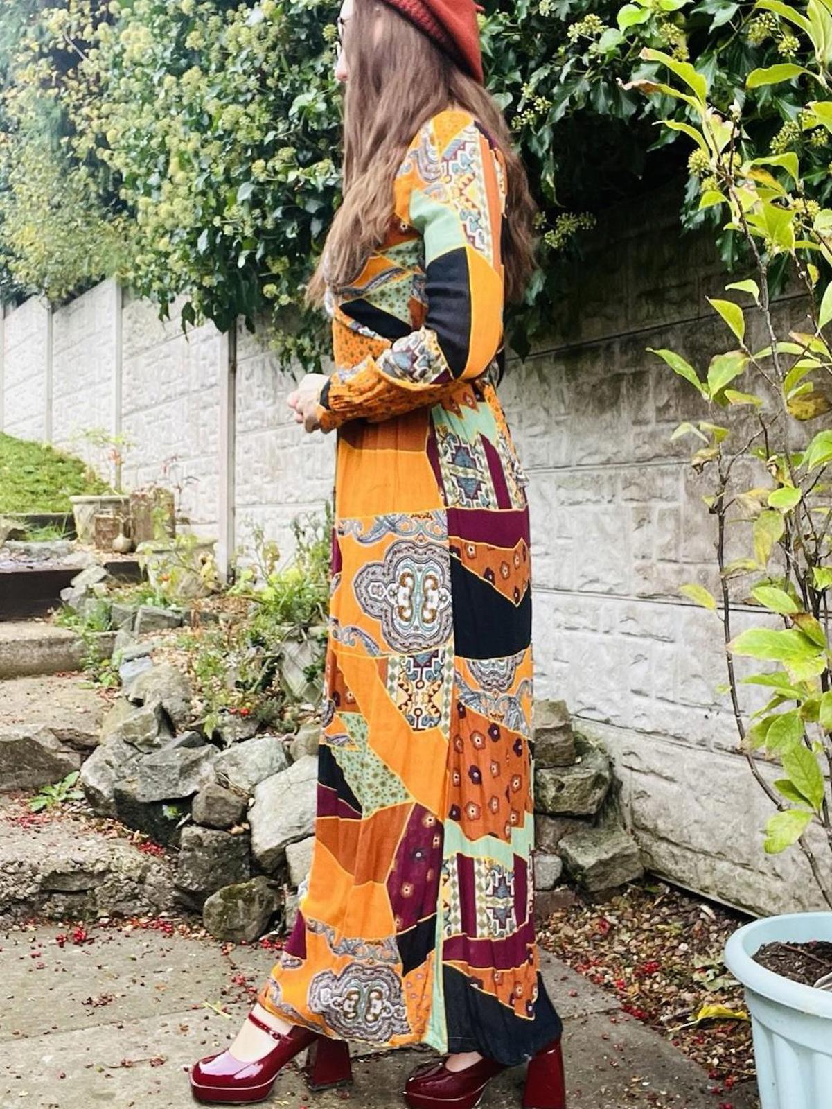 Long Sleeved Maxi Dress By Reserved Size 8 to 10 Orange Boho Hippie Retro Style