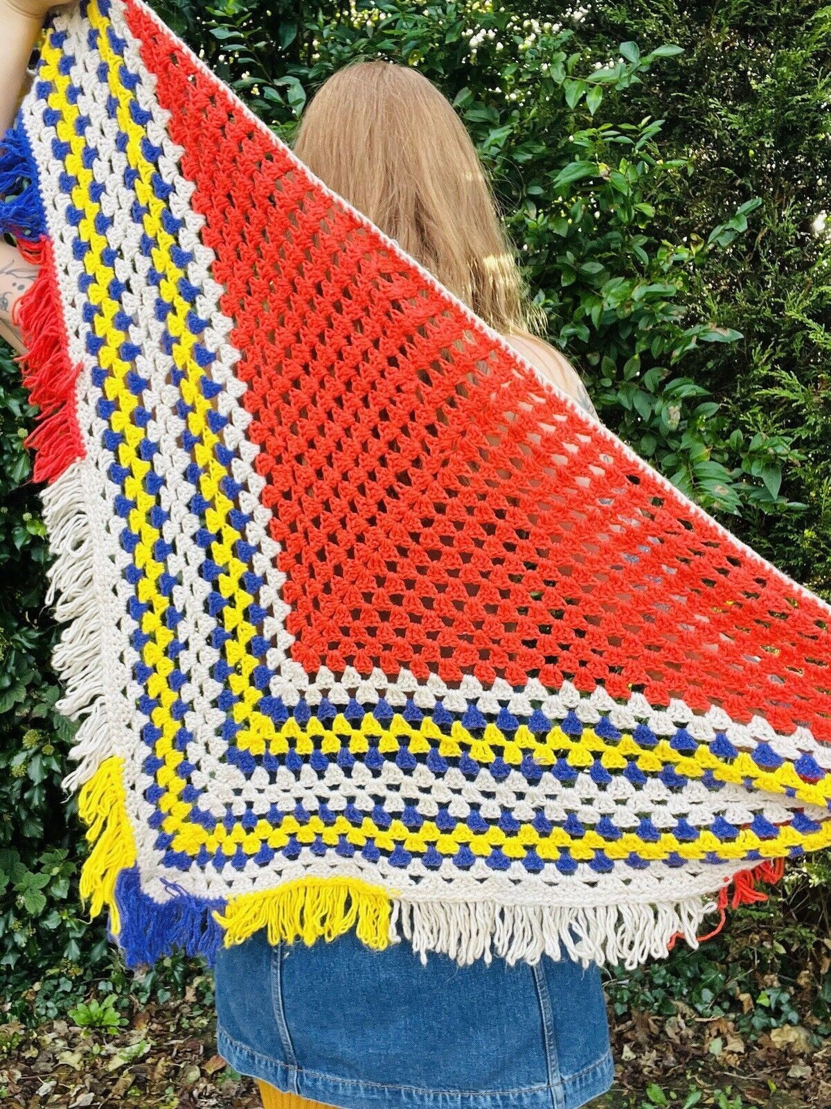 Vintage Knit Crochet Shawl Hippie Boho Triangle Wrap Cape Cottage Whimsy Scarf