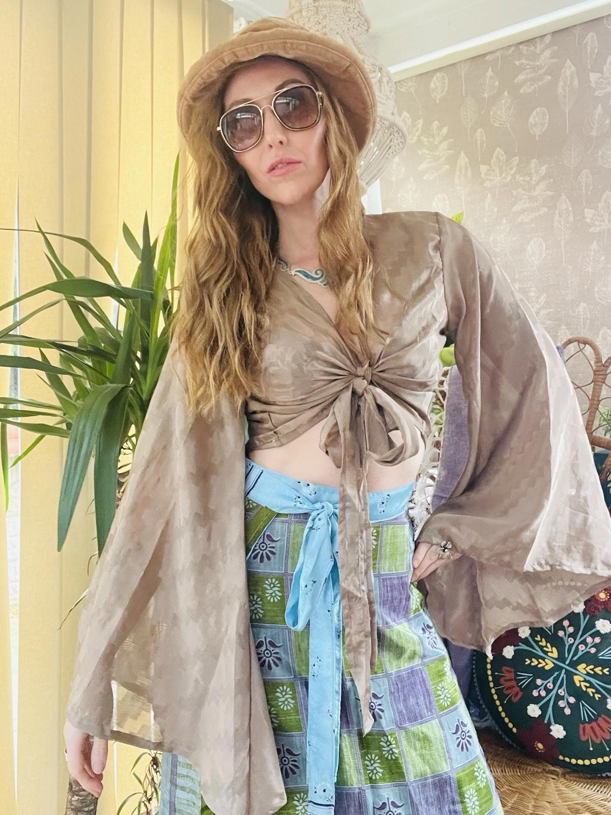 Flared Sleeve Top Vintage Silk Hippie Boho Bell Sleeved Wrap Top Gypsy Bolero
