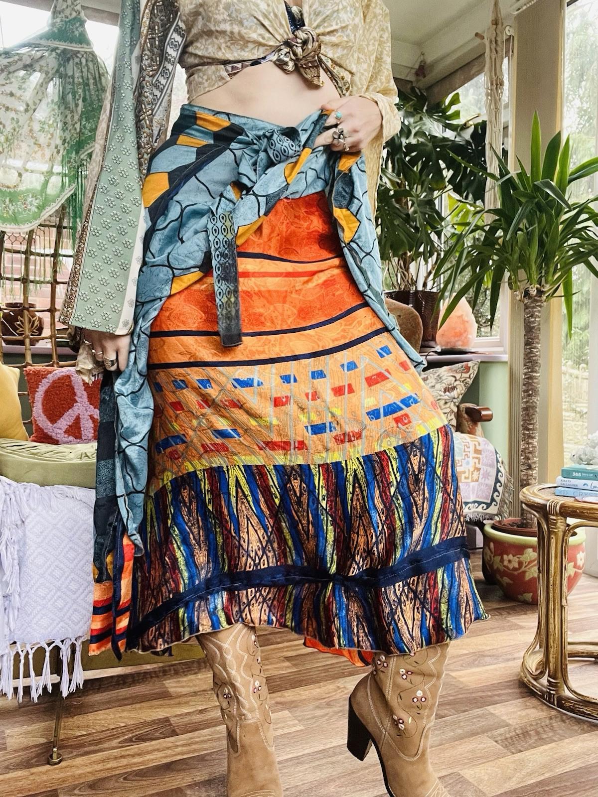 Layered Hippie Maxi Skirt Vintage Sari Silk Hippie Boho Long Gypsy Wrap Skirt