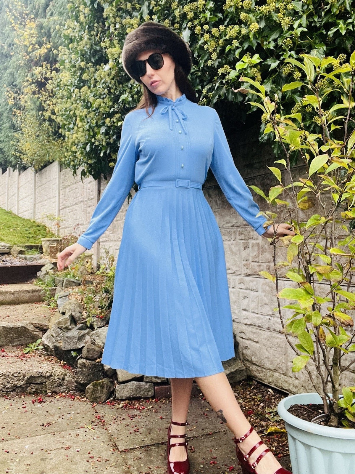 Vintage 80s Tea Dress And Waistcoat Two Piece Set Blue Size 16 Pleated Design