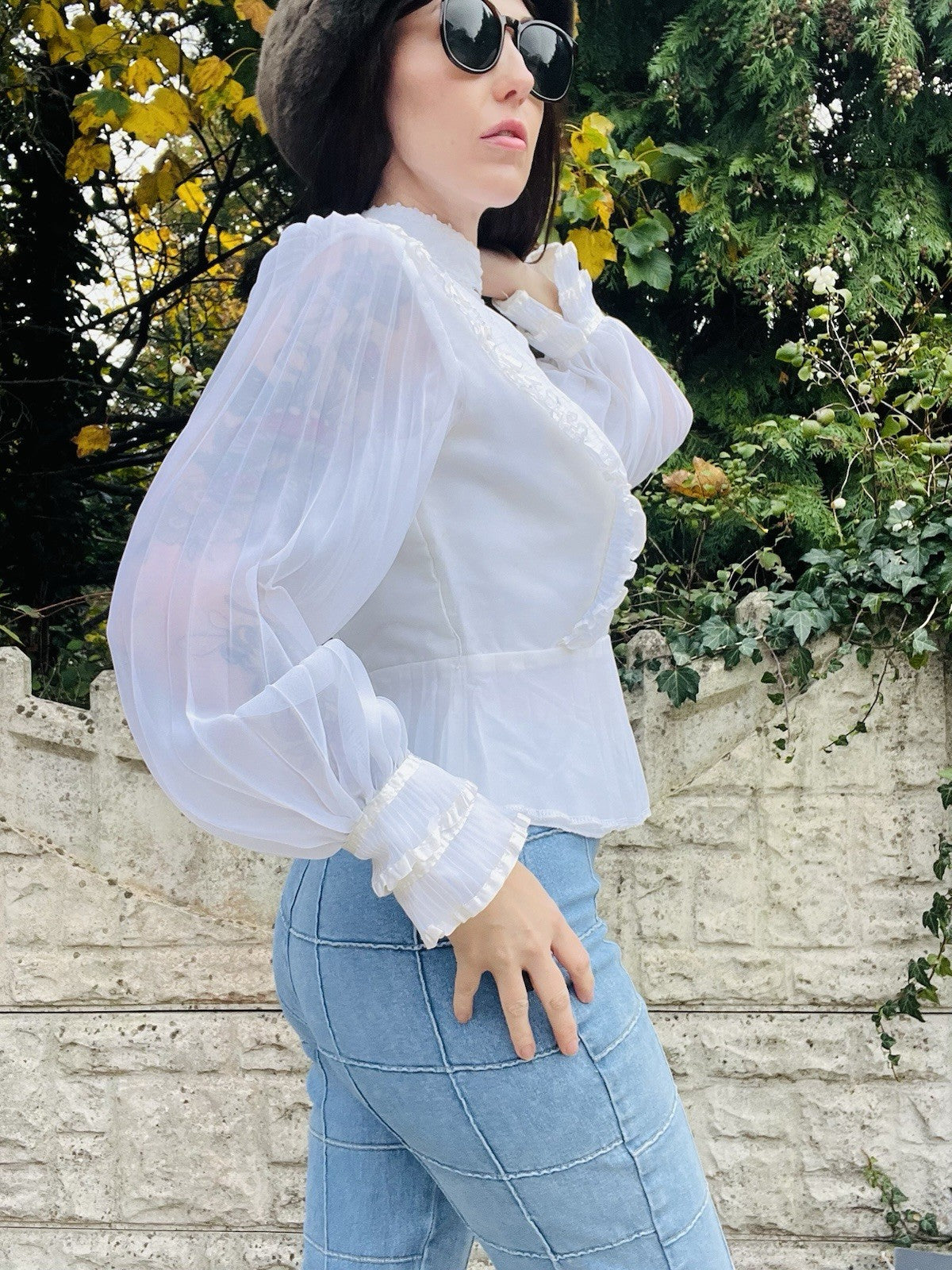 Vintage 1970s Frilly Blouse Size 12 White Balloon Sleeve High Neck Peplum Top