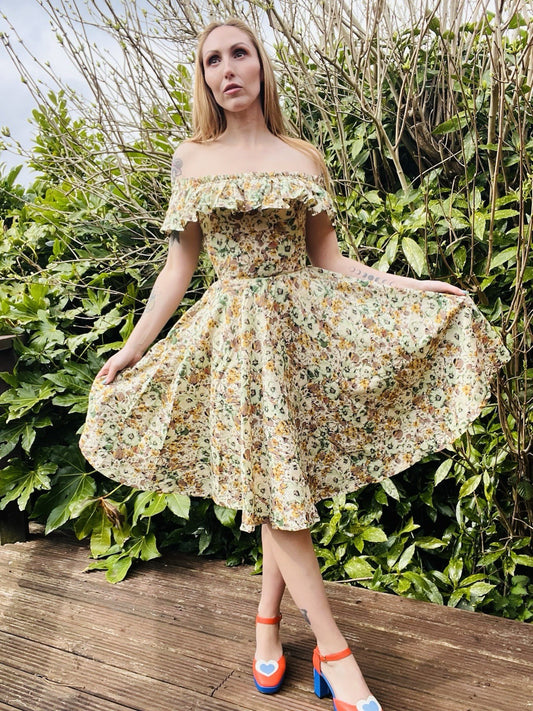 Vintage Floral Summer Dress Bardot Off Shoulder Ruffle Bustier Floaty Midi 6