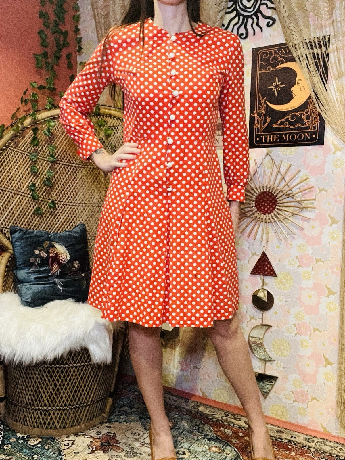 Vintage 60s Day Dress Size 12 Red Retro 1960s Polkadot Long Sleeve Pleated