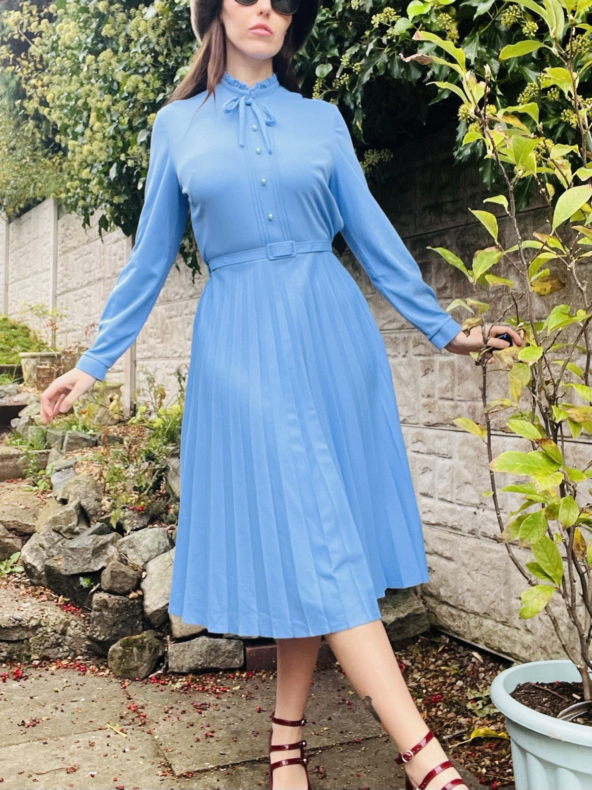 Vintage 80s Tea Dress And Waistcoat Two Piece Set Blue Size 16 Pleated Design