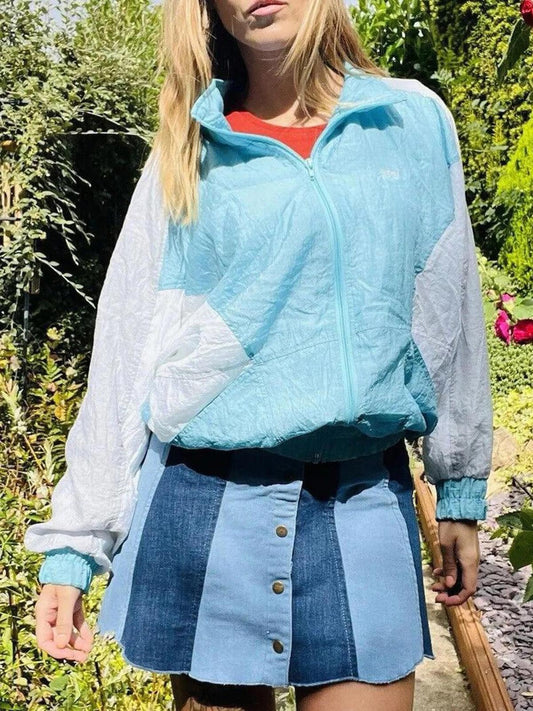 Vintage 1980s Shell Suit Jacket Zip Up Oversized Ladies Blue White Size 8 10