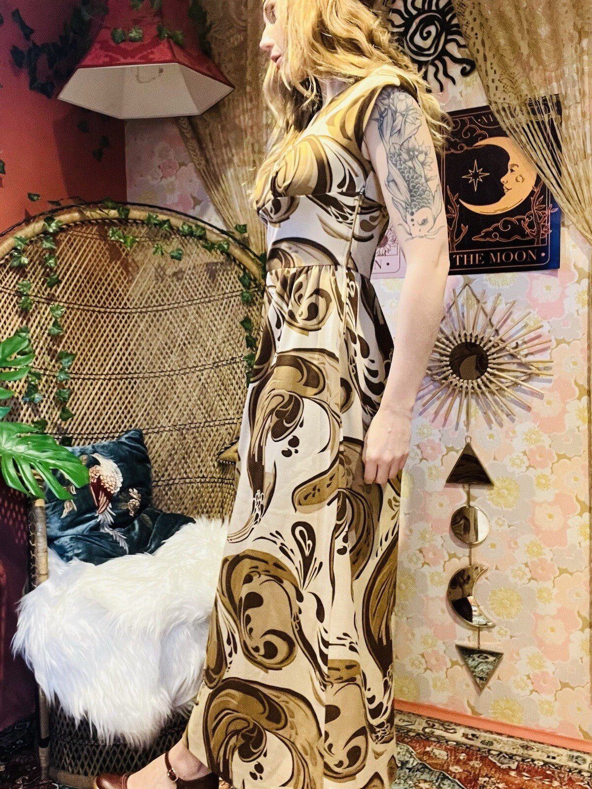 Vintage 1970s Maxi Dress Psychedelic Hippie Pattern By DK Modern Brown Size 10