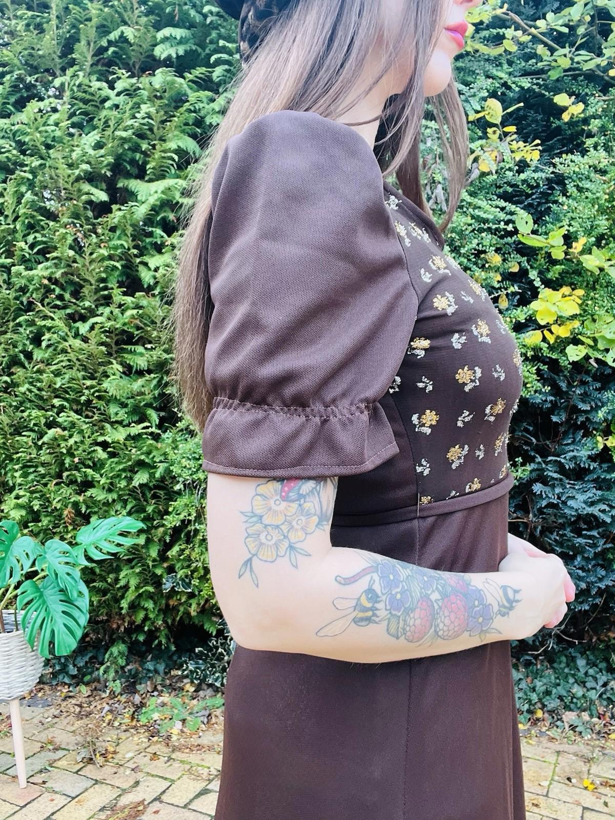 Vintage 1960s Maxi Dress Size 10 Brown With Tie Waist And Retro Gold Detail