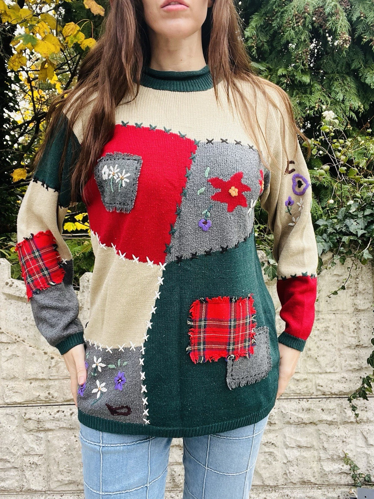 Vintage 90s Knit Jumper By Fabrizio Patchwork Cottagecore Whimsy Sweater Size 10