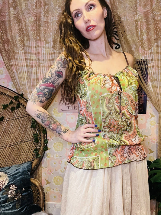 Vintage Y2K Cami Top Sheer Paisley Frilly Vest Top By Morgan Size 14