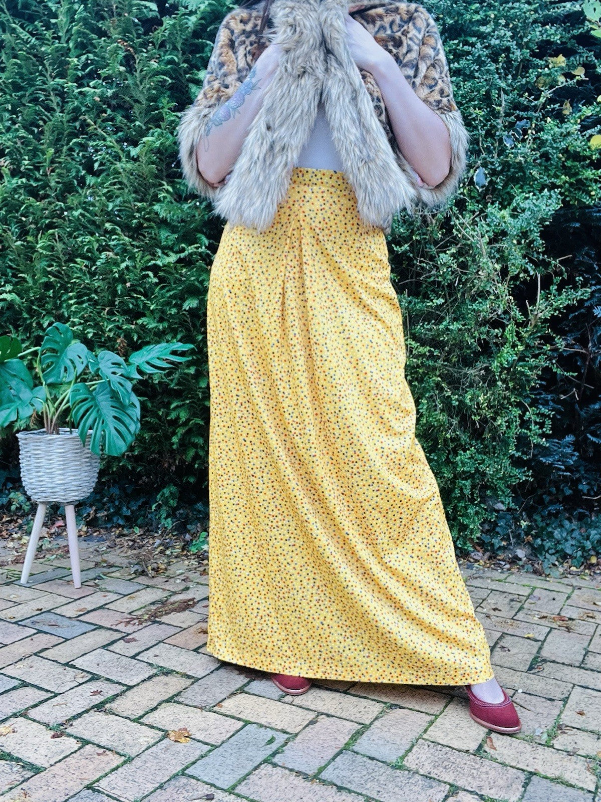 Vintage 60s Maxi Size 10 Yellow Long Polkadot Retro 1960s Skirt High Waist