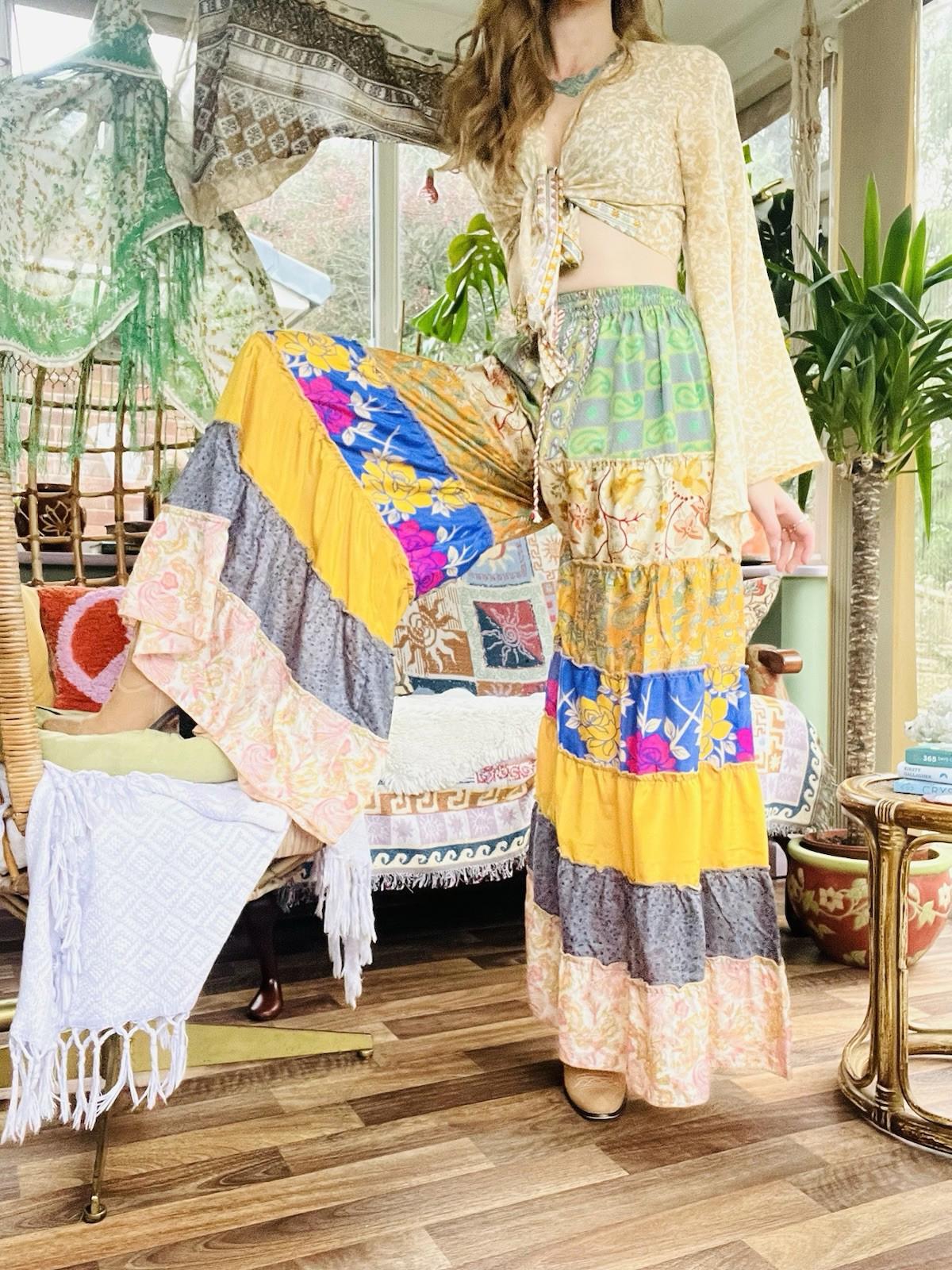 Wide Leg Trousers Vintage Patchwork Layered Sari Silk Hippie Boho Gypsy Pants M