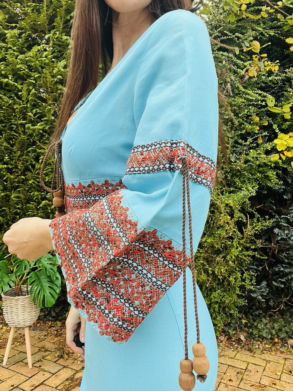 Vintage 1970s Maxi Dress By Arola Blue 70s Bell Sleeves Hippie Boho Folk Dress