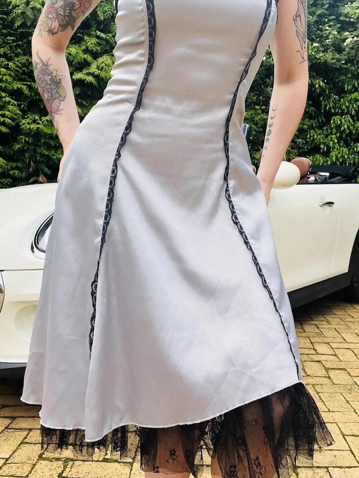 Vintage Y2K party Dress Silver size 10 S By Xanaka strapless With Lace Trim
