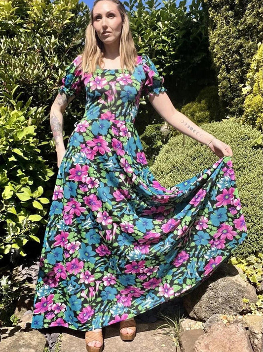 Vintage 80s Prairie Dress By C&A Floral Maxi Length And Puff Sleeves Size 8