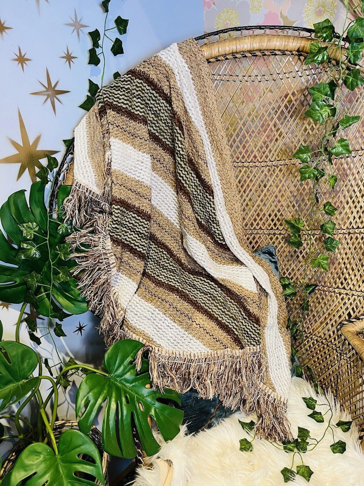 Vintage Boho Crochet Shawl Hippie Triangle Knit Wrap Cape Cottage Whimsy Scarf