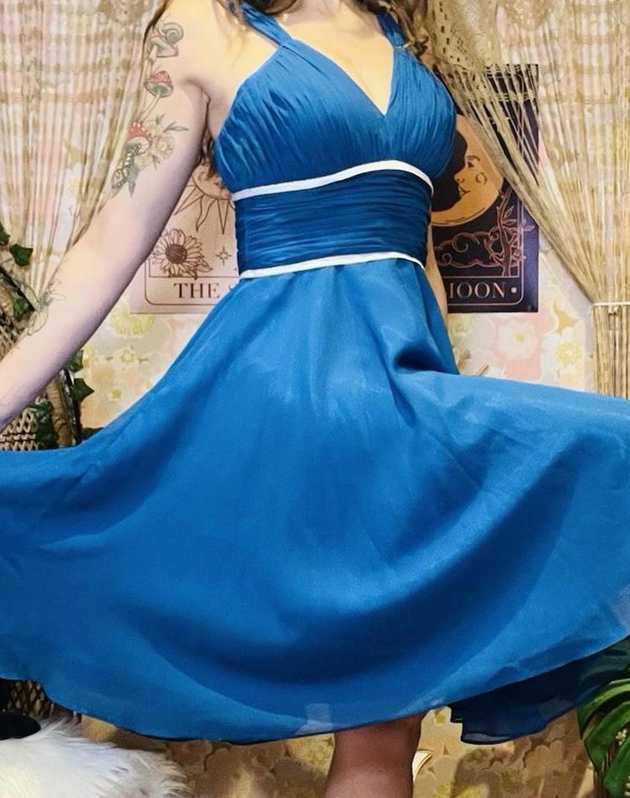 Vintage 1980s Party Dress Floaty Rouched Waist Cocktail Dress Blue Size 10