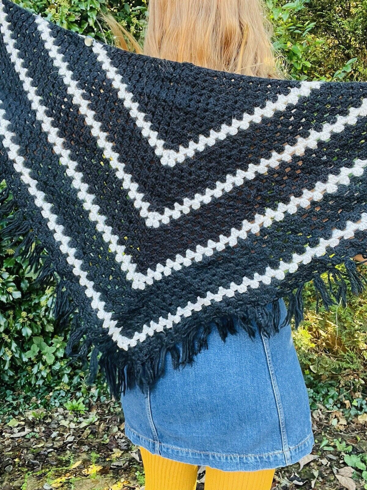 Vintage Boho Crochet Shawl Hippie Triangle Knit Wrap Cape Cottage Whimsy Scarf